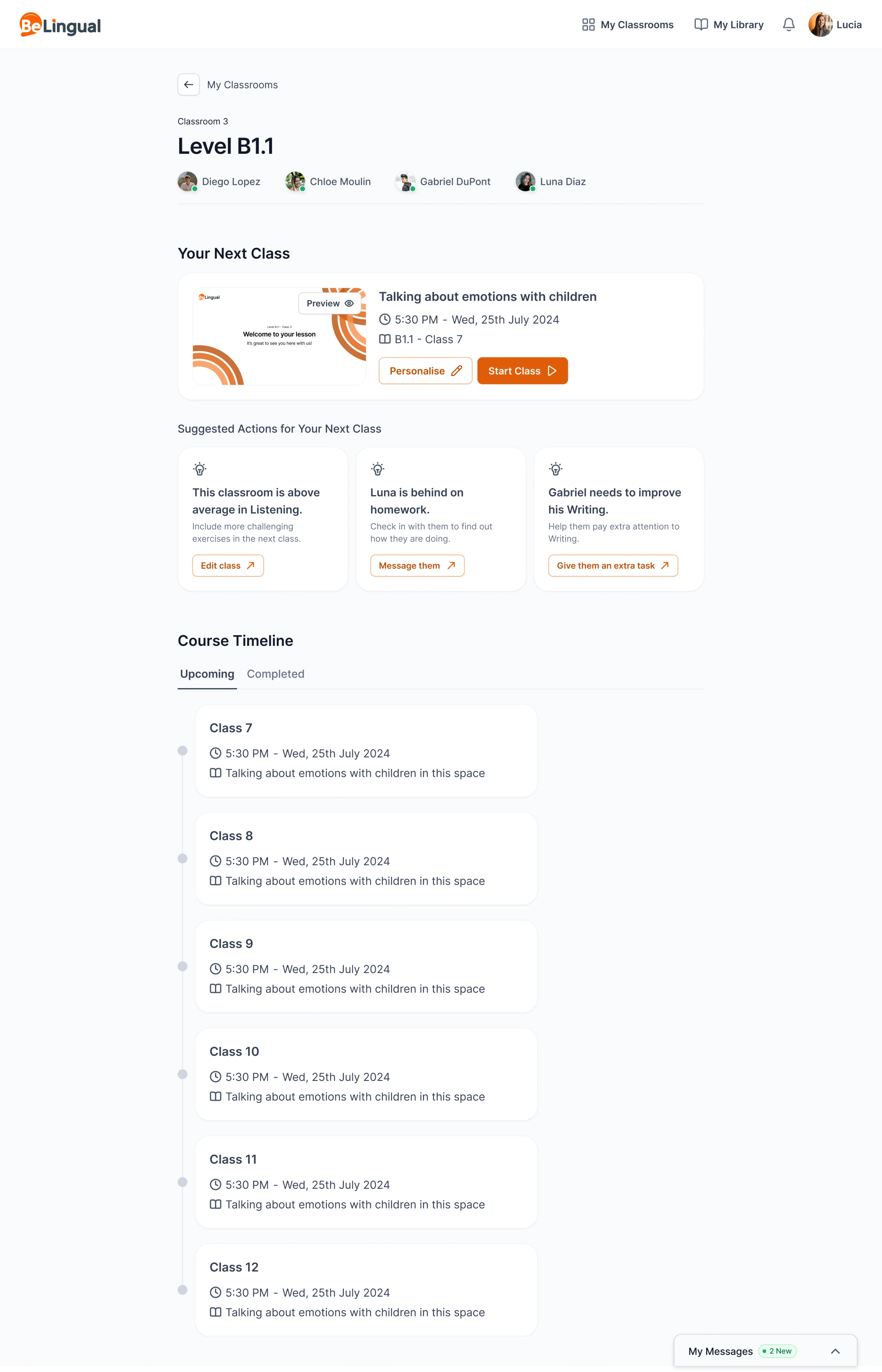 BeLingual classroom dashboard