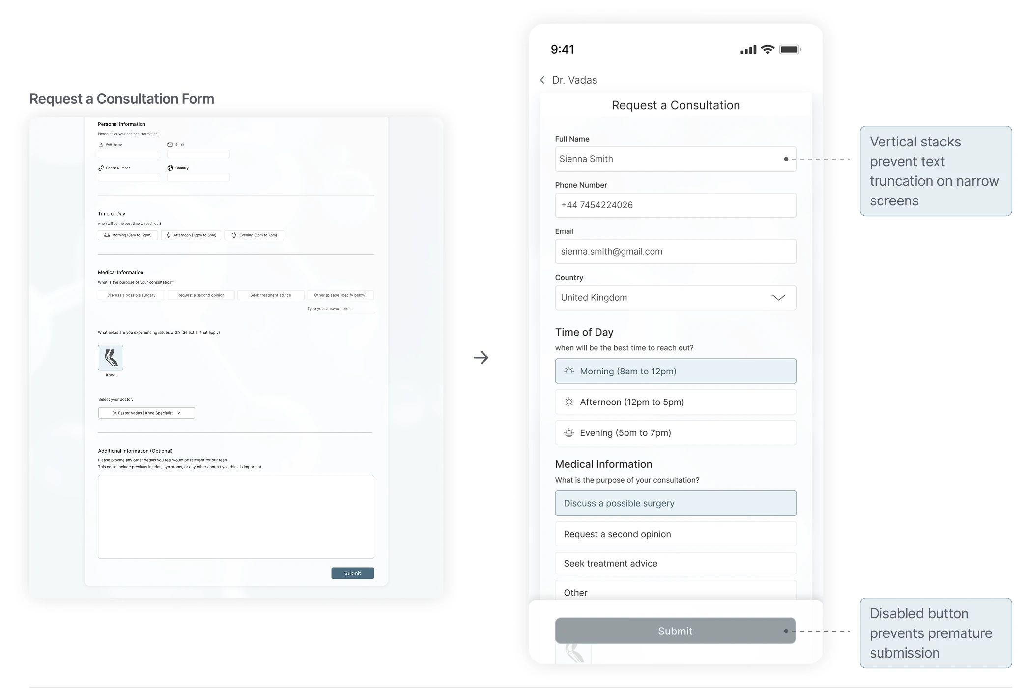 Request a Consultation form adapted to mobile. Callouts: vertical stacks prevent text truncation on narrow screens; disabled button prevents premature submission